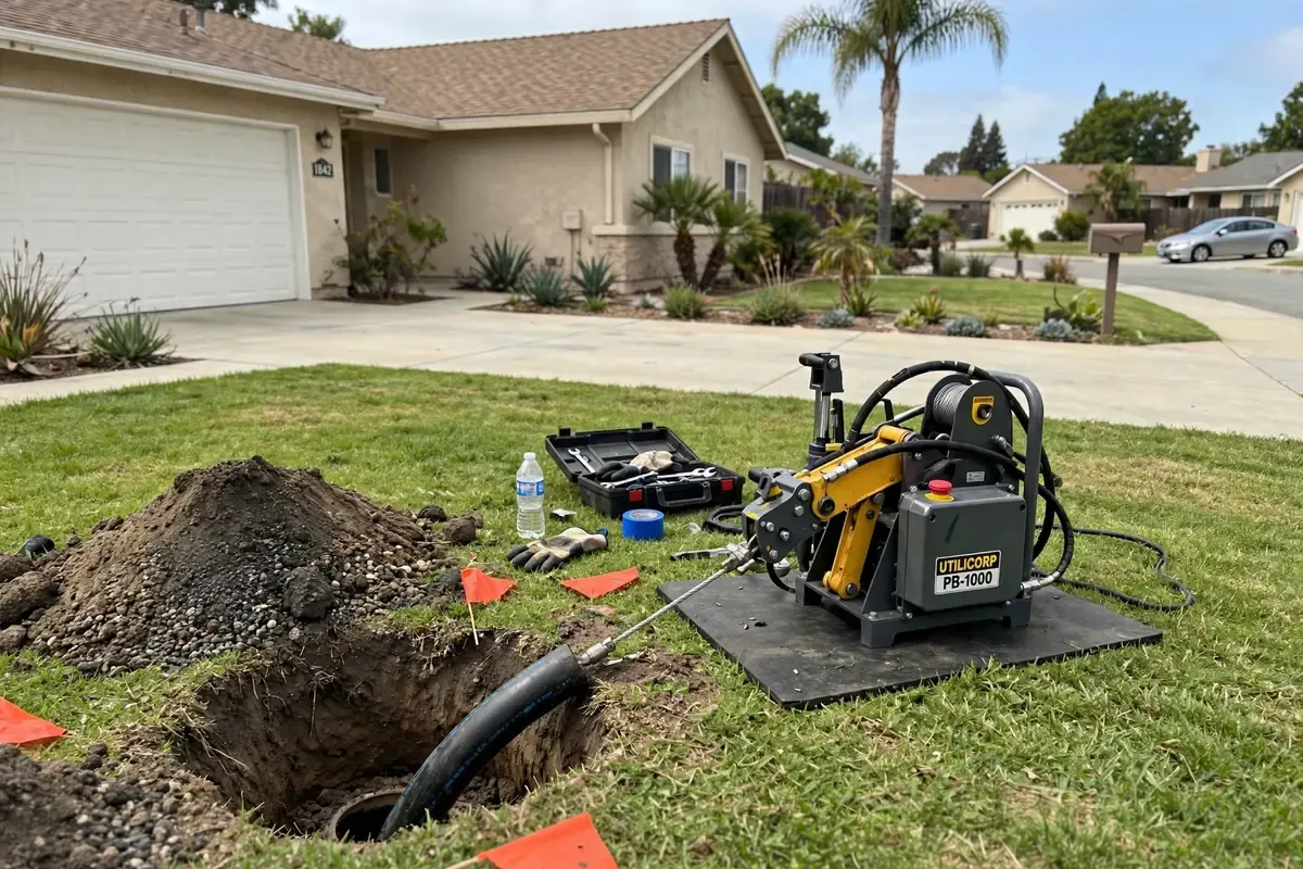Trenchless pipe bursting equipment replacing a sewer line in Covina CA