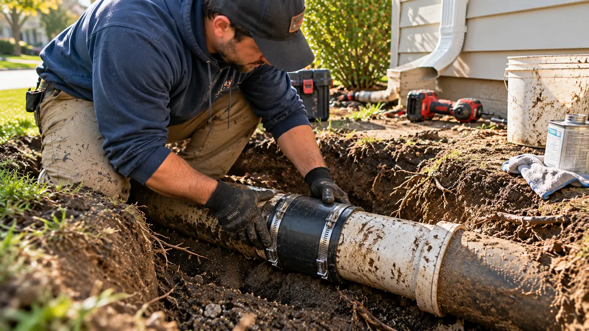 Technician performing sectional point repair on a sewer pipe in Covina CA