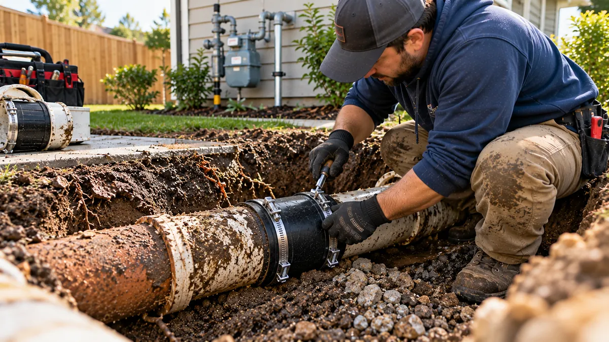 Technician performing sectional point repair on a sewer pipe in Covina CA