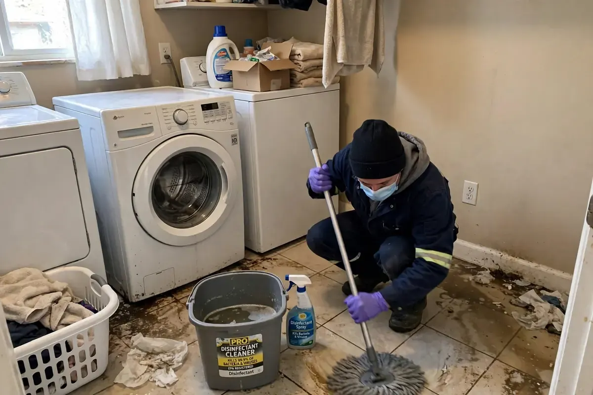 Technician disinfecting an area after a sewage backup in Covina CA