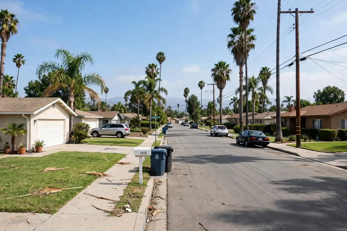 Historic downtown Covina street with mature trees and vintage storefronts
