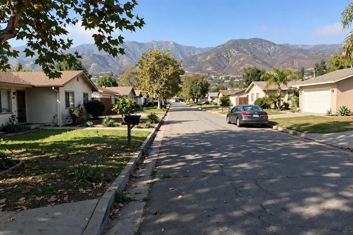 Foothill neighborhood street in Duarte CA with the San Gabriel Mountains behind