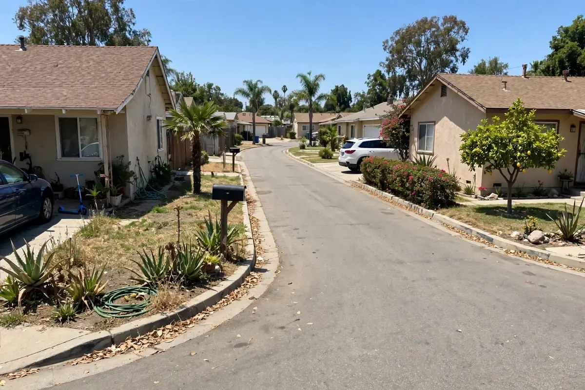 Older residential street with mature trees in El Monte CA