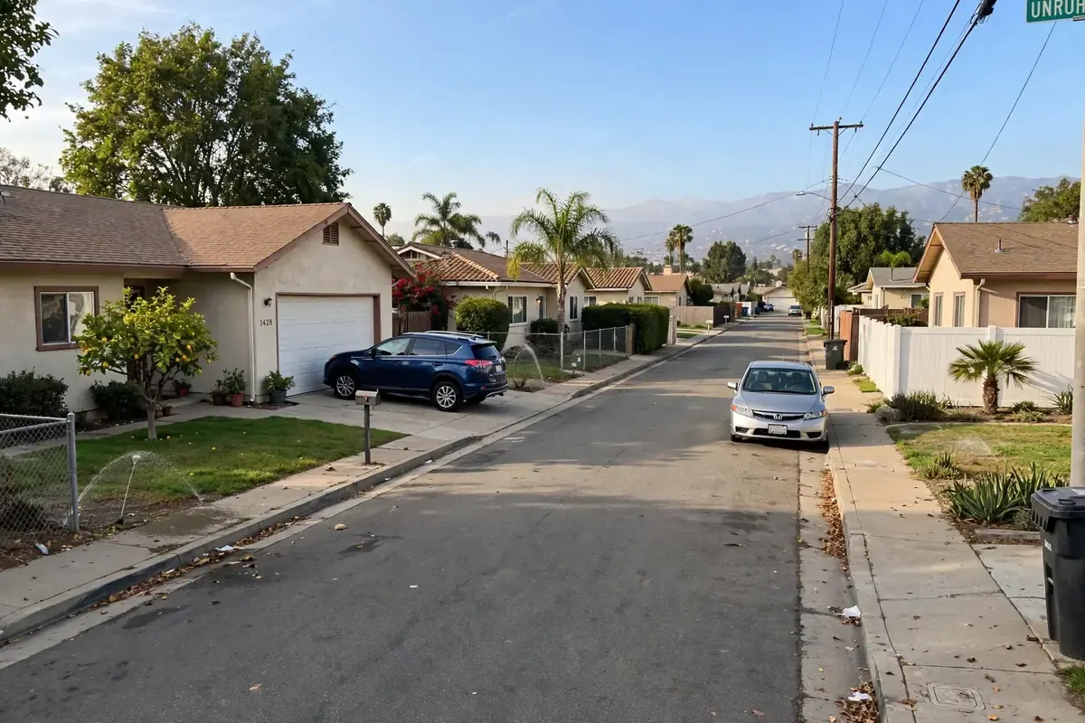 La Puente residential street with post-war homes on dense lots