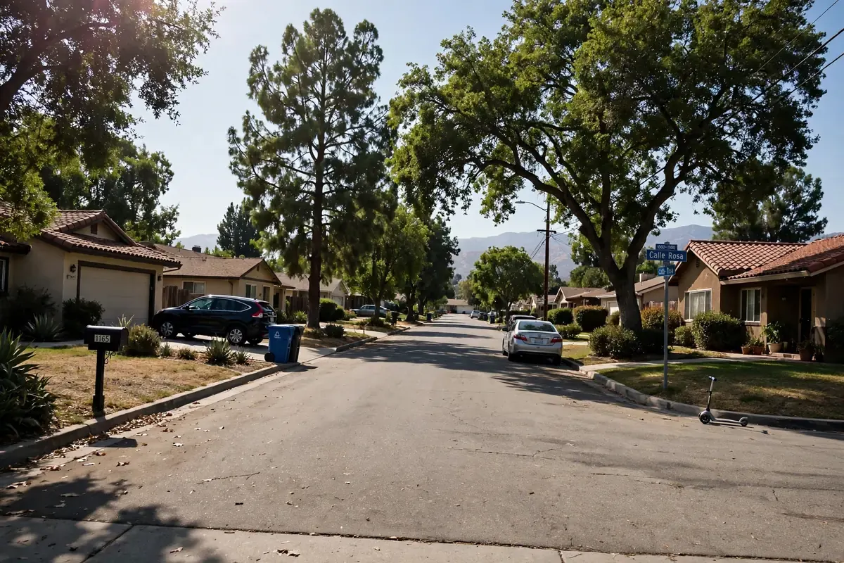 San Dimas foothill street with ranch homes, mature oaks, and mountain views